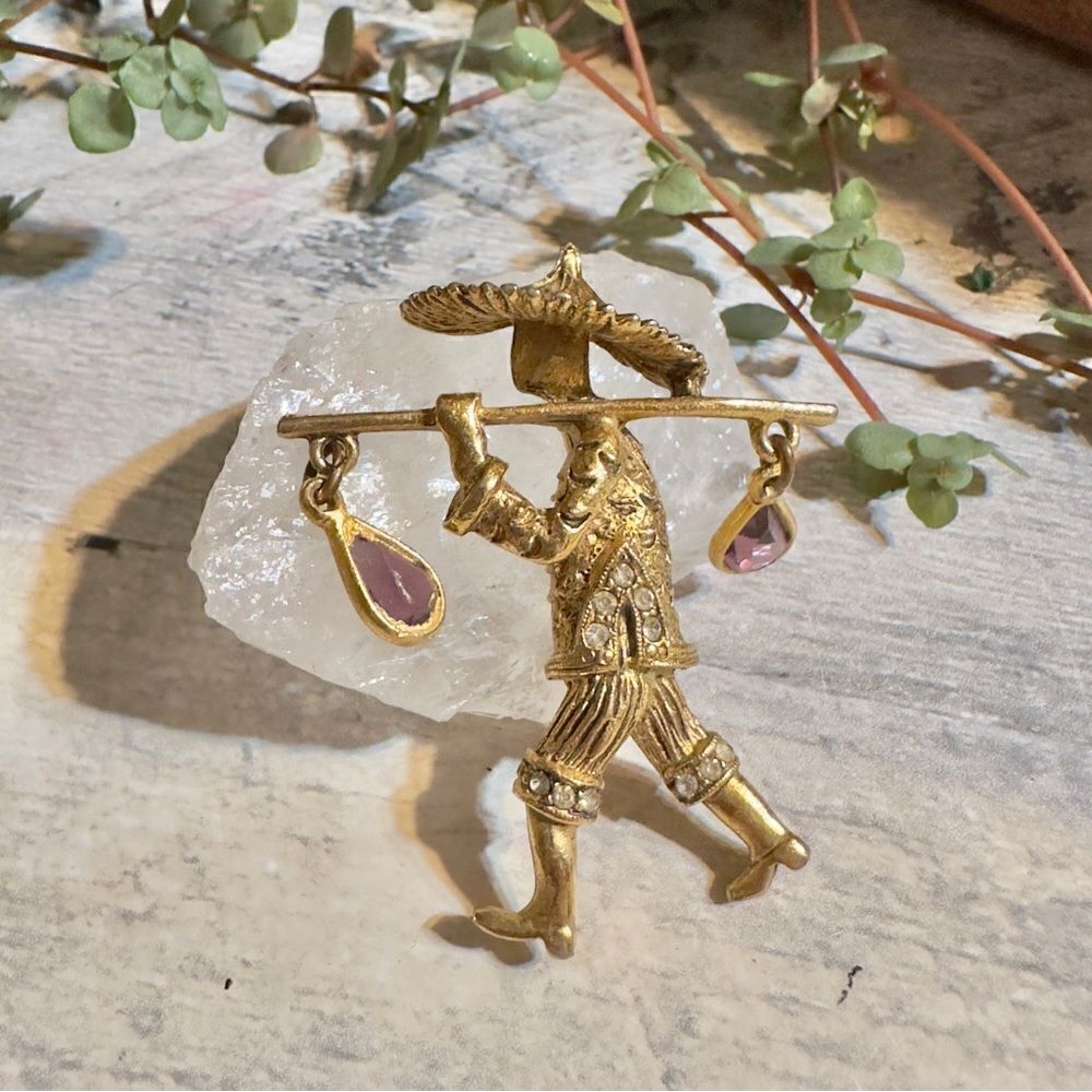 Vintage Asian Water Carrier Gold Brooch With Rhinestones and Amethyst Crystal